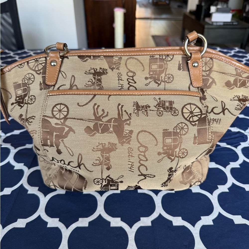 Vintage Coach Horse & Carriage Canvas Tote Brown Leather Trim Y2K Shoulder Bag - Picture 6 of 12